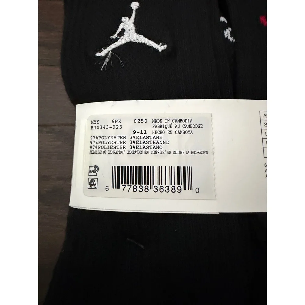 Jordan Jumpman Crew Socks 6 Pack Black Red White BJ0343-023 Size M 9-11